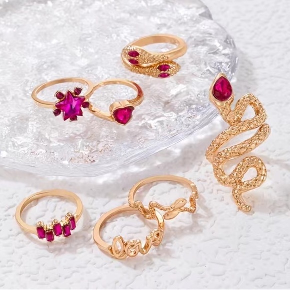 Pink Gemstone Snake Heart Gold  Ring Set 7pc - Picture 4 of 6